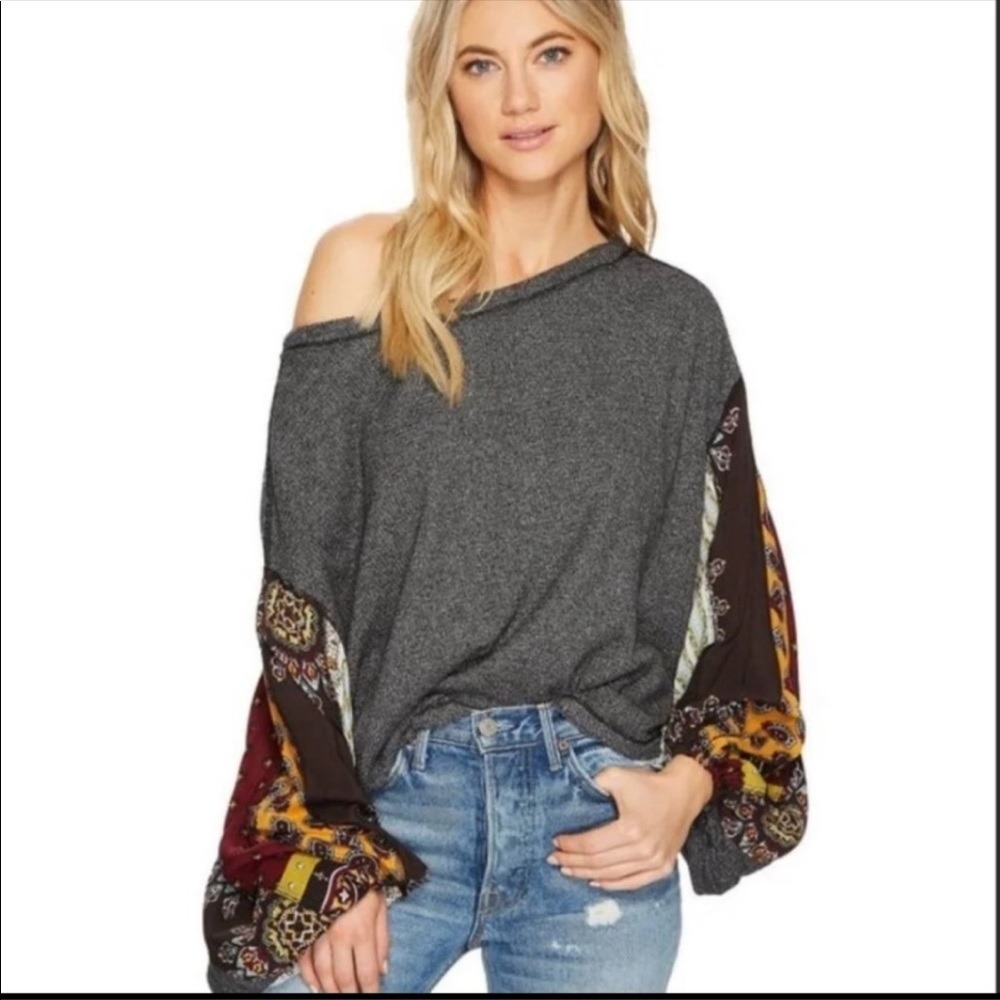 Free People‎ Women's Boho knit Patchwork Balloon Sleeve Top Size XS Festival